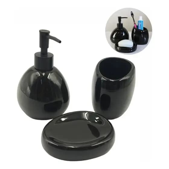 Kit Banheiro Lavabo Cerâmica Acessórios Preto 3 Peças