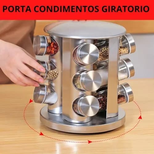 Porta Temperos E Condimentos Giratório Inox 12 Potes Premium