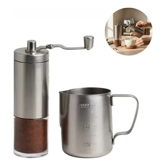 Kit Moedor De Café Manual + Jarra Barista Pitcher Inox 350ml