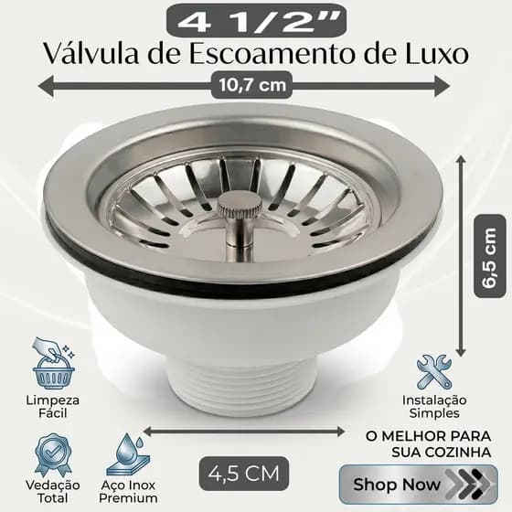 Valvula Pia 4 1/2'' Americana Cozinha Aco Inox P/ Escoamento