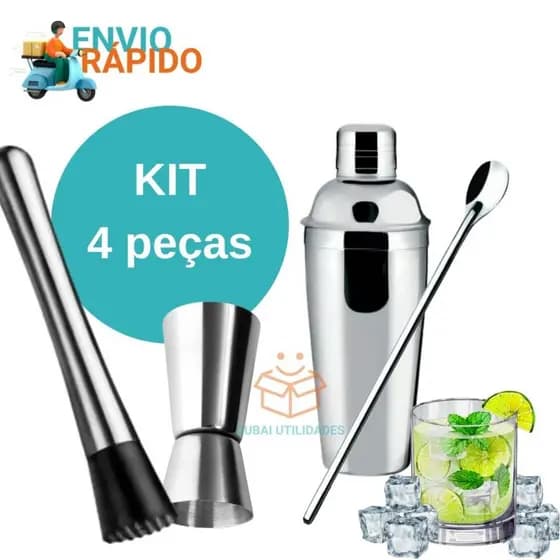 Kit Combo Bar 4 Peças Coqueteleira inox socador dosador duplo e colher de suco para Bares Restaurantes