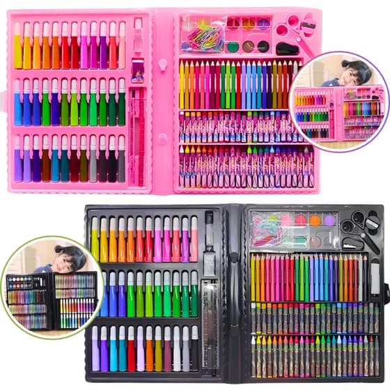 Estojo Maleta Pintura Infantil Lápis Cores Giz Canetinhas e Diversos Tamanhos Desenhos Para Colorir