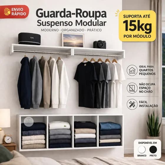 Cabideiro Suspenso Arara De Parede Closet Aberto--Organização e Praticidade para seu Quarto- 100