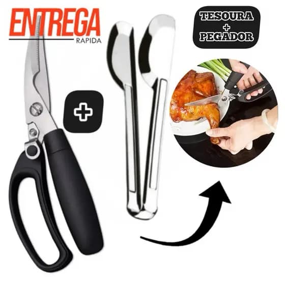kit Tesoura e Pegador Desossa Corta Frango Peixe em Aço Inox