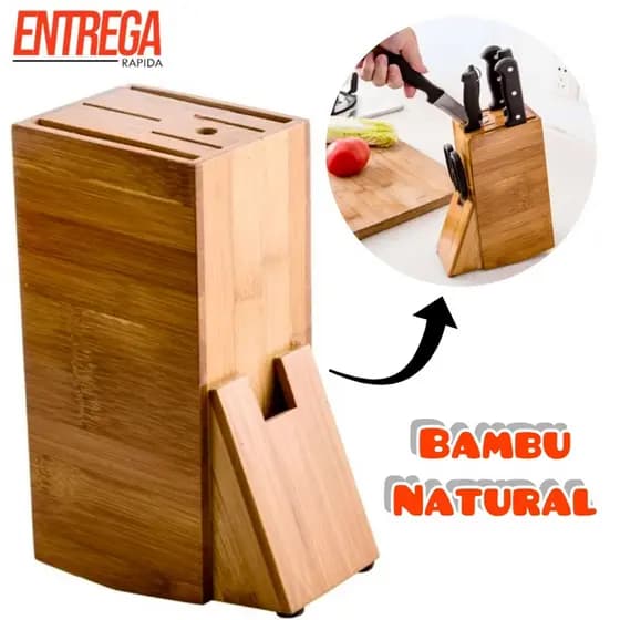Suporte Cepo Bambu Organizador De Faca Tesouras Cozinha