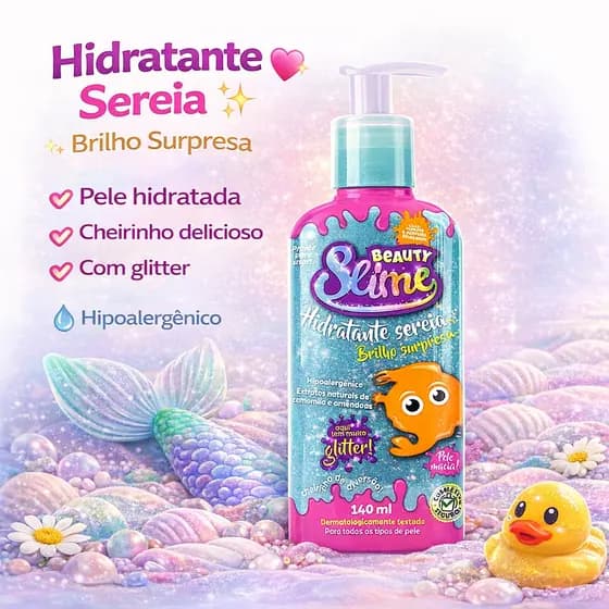 Creme Hidratante Infantil Beauty Slime Sereia Glitter Azul Com 140ml