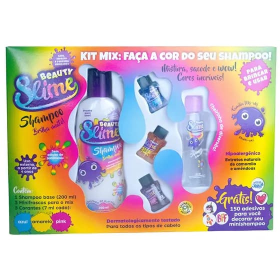 Kit Mix Beauty Slime Shampoo 200ml + 3 Frascos para o Mix + 3 Corantes de 7ml cada