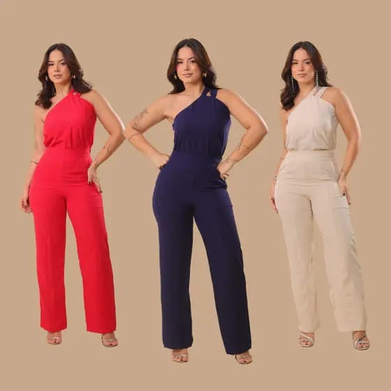 Conjunto Vivia, Conjunto Feminino Social Elegante Luxo, Calça Wid Leg, Forrada E Blusa Alça Única