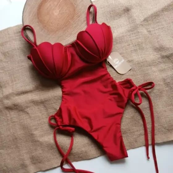 Maiô Concha, maiô vermelho, Com aro, SARA BRASIL beachwear