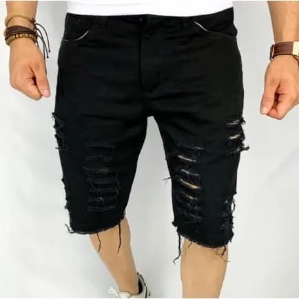 Bermuda Jeans Masculina Rasgada Sarja Destroyed Preta direto da fabrica Premium Exclusivo 2025