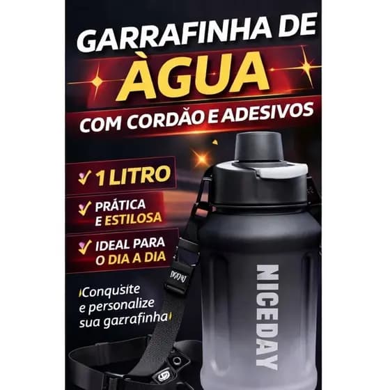 Garrafa Academia 1 Litro Preta Degradê com Cordão e Adesivos | Squeeze 1L Estilosa Academia Escola