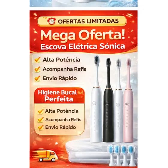 Escova de Dente Elétrica Sônica X-3 Recarregável 5 Modos + 4 Refis IPX7 Impermeável Alta Vibração