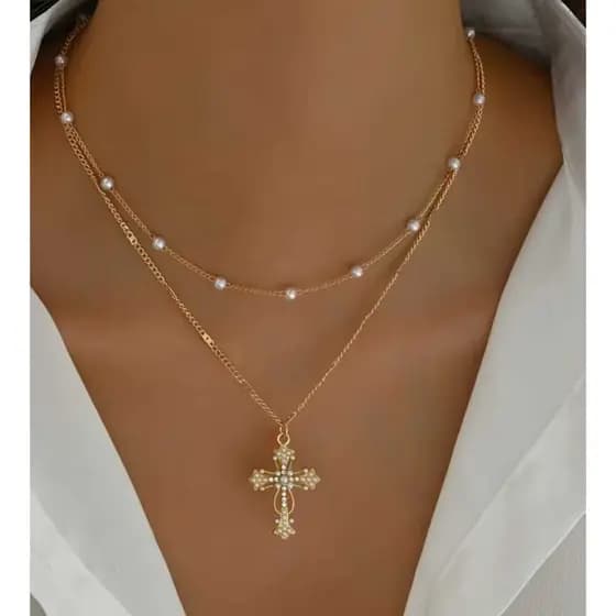 Colar Elegante com Pingente de Cruz em Camadas Múltiplas - Cruzes Adequadas para Uso Diário