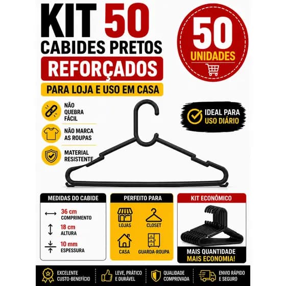 Kit 50 Cabides Pretos Reforçados Adulto Para Loja e Casa Resistente Closet
