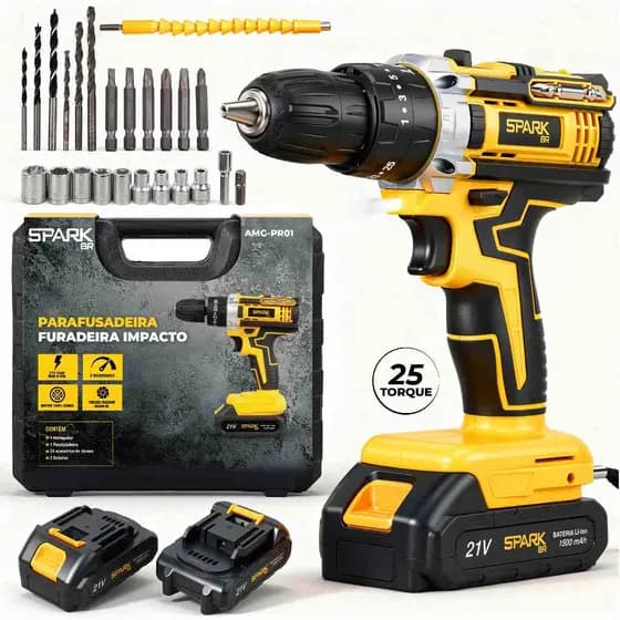 Parafusadeira Furadeira Sem Fio 21V 2 Baterias Bivolt Profissional Maleta Kit 26 Acessórios SparkBr