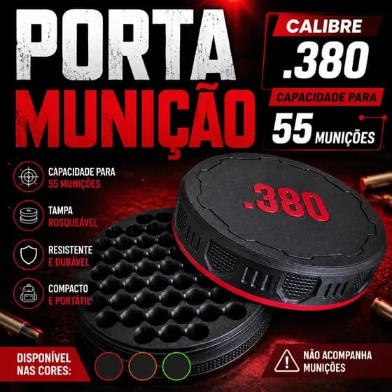 Porta Munição Calibre .380 Estojo Organizador p/ 55 Unidades Case de Armazenamento Tampa Rosqueável