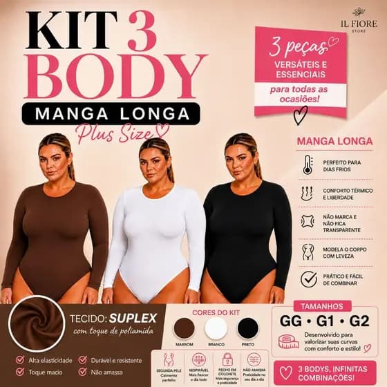Kit 3 Body Feminino Manga Longa Plus Size Decote Careca Body Manga Comprida Básico Collant Suplex Segunda Pele Inverno