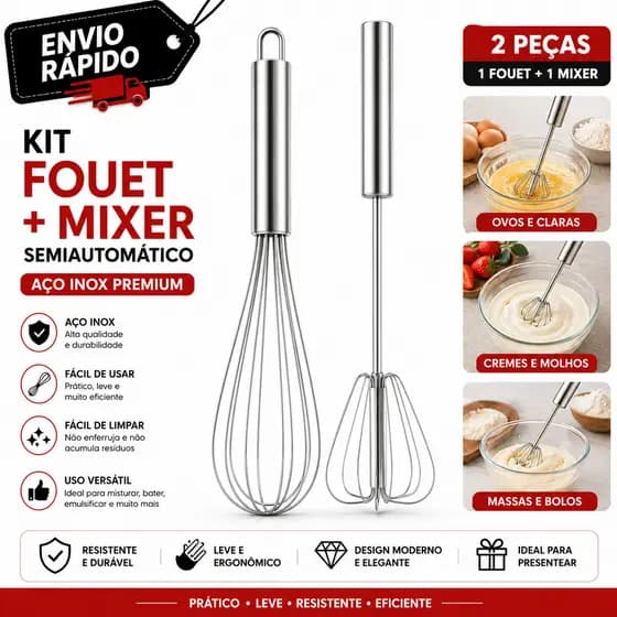 Kit 2 Utensílios de Cozinha Fouet Inox Batedor de Ovos + Mixer Semi Automático Misturador Premium