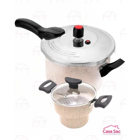 Kit Panela De Pressão 4,5l Fechamento Externo + Cuscuzeira Antiaderente Bege
