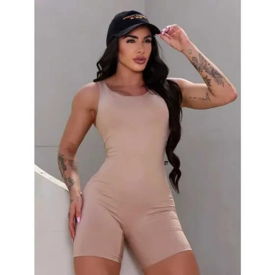 Macaquinho Fitness Feminino Suplex de Poliéster Alças Largas Confortável Modelador Zero Transparência Alta Elasticidade
