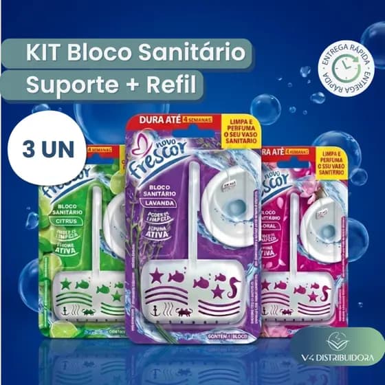Kit 3 Blocos Sanitários Novo Frescor com Suporte + Refil 30g – Original