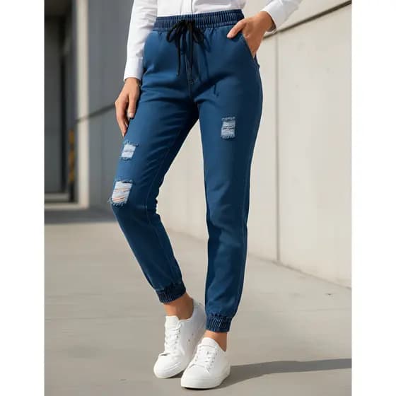 Calça jogger Feminina Com Punho Elástico Elastano Resistente Confortável Premium Rasgada