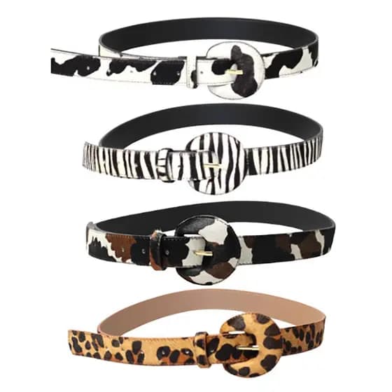 Cinto Couro Legítimo, Animal Print, Fivela Encapada Meia Lua