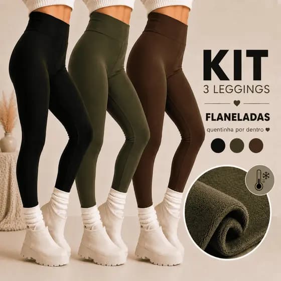 Kit 3 Calça Legging Flanelada Inverno Térmica Forrada Não Transparente Modeladora