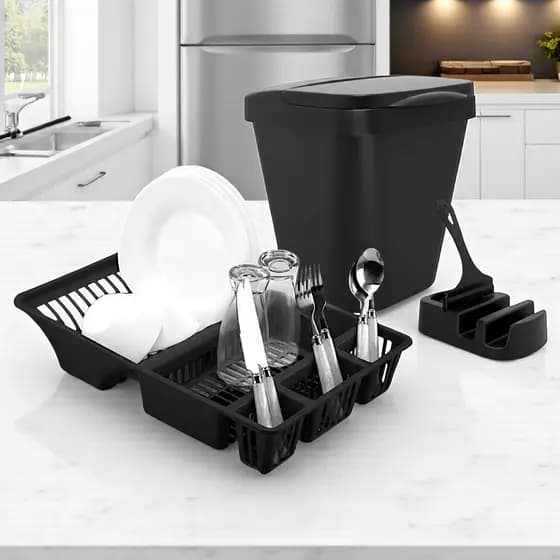Kit Pia Cozinha 4 Peças Elegance – Lixeira 4,8L + Porta Detergente + Escorredor + Rodinho