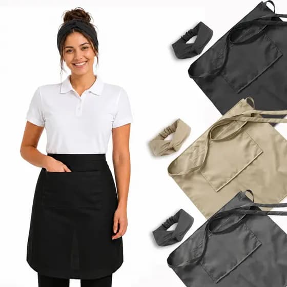 Avental Meio Corpo + Faixa de Cabelo Feminino Restaurante Cozinha Garçonete Cinza Bege Bordô Preto Oxford