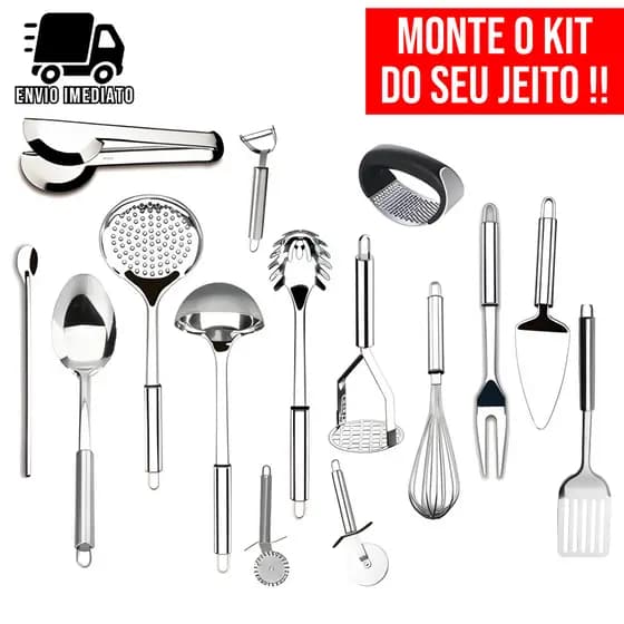 Utensílios de Cozinha Aço Inox Completo Concha Espátula Escumadeira Colher Personalizável
