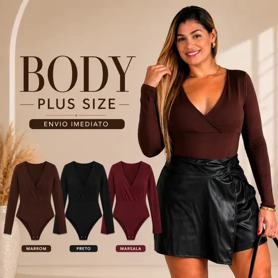Body Plus Size Manga Longa feminino com Decote V elegância e conforto GG G1 G2 G3