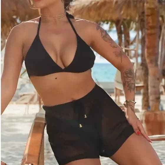 Short de Praia em Tule Saida de Praia Parte de Baixo Com Cordão Detalhe Liso Leve Verão