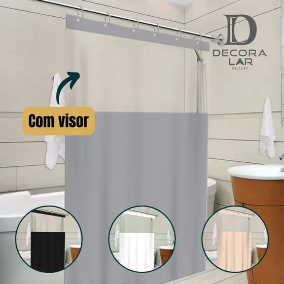 Cortina Box Banheiro Com Visor Lisa Antimofo C/ Gancho Cores