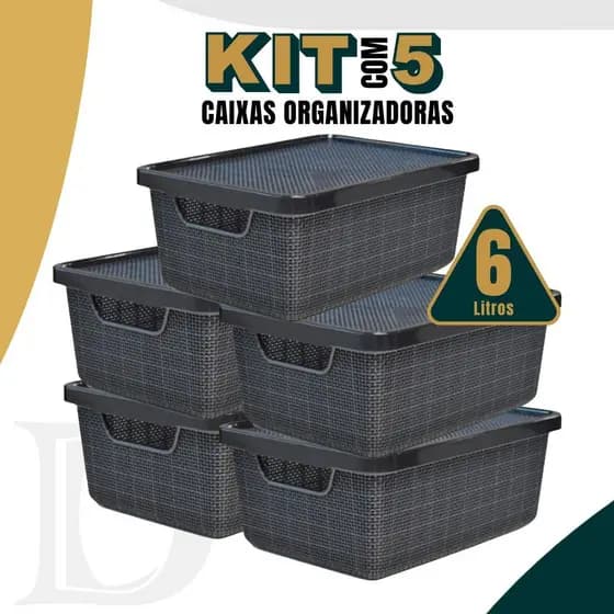 Kit 5 Caixa Organizadora Jutta Preto 6 Litros Cesto Organizador Gavetas Guarda-Roupas Armario Brin