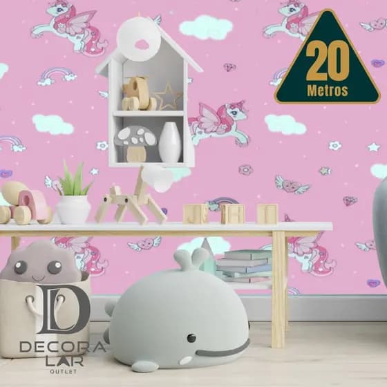 Papel de Parede Infantil Unicórnio Mágico Rosa Autoadesivo Rolo 5m x 45cm Quarto