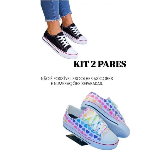 Kit 2 Pares Tênis Casual Feminino All Corações + Branco Confortável