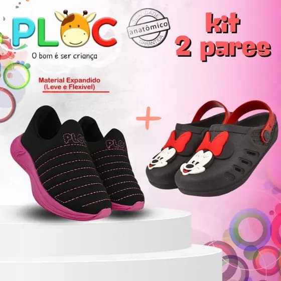 KIT 2 PARES - TÊNIS COLORS + 1 SANDÁLIA PRETO MINNIE (Bab01 PRETO ROSTO COMPLETO MINNIE POÁ VERMELHO)