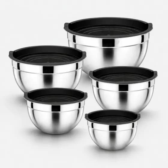 Kit 5 Tigelas Fundas Inox com Tampa - Bowls com tampa - Bacias de Aluminio