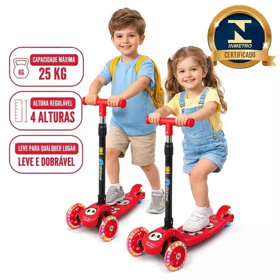 Patinete Infantil 3 Rodas Dobravel Base Antiderrapante Freio Traseiro VitaToys Vermelho