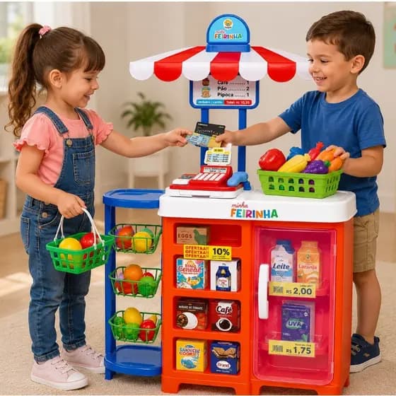 Mini Mercado Feirinha Infantil Completo com Caixa Registradora e Geladeira de Brinquedo 3+ Anos
