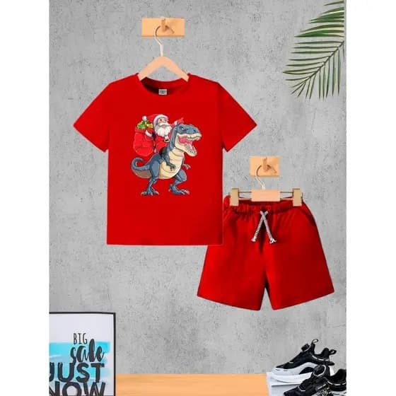 Camiseta + Short Conjunto Infantil Papai Noel C Dino Conjunto De Bermuda Juvenil Conjunto De Bermuda Juvenil