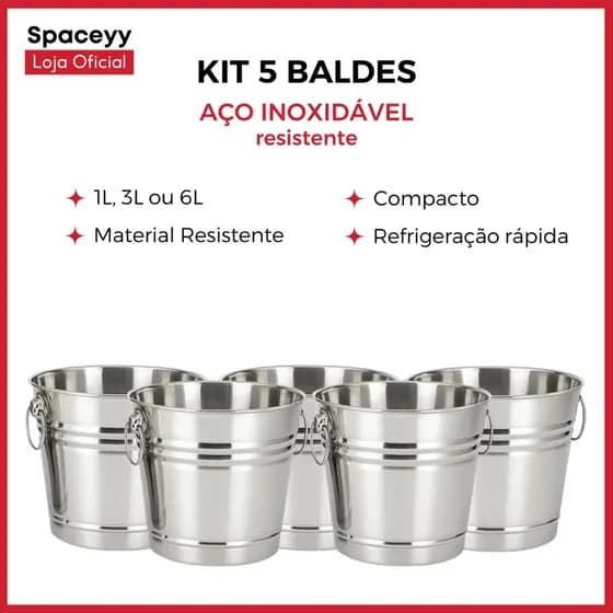 Kit 5 Baldes de Gelo Aço Inoxidável Refrigeração Rápida Cerveja Champanhe Vinho