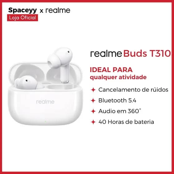 Fones de Ouvido Realme Buds T310 Bluetooth 5.4 intra-auriculares sem fio com ANC híbrido de 46 dB