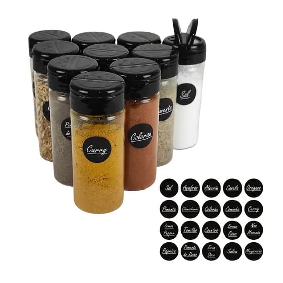 Kit 10 Potes de Tempero com Tampa Flip Top, Potes de Plástico Resistente