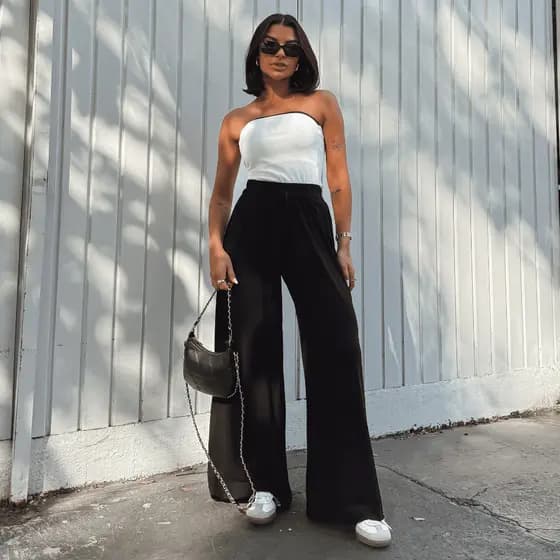 Calça Pantalona Feminina Cintura Alta Elástico Tendencia