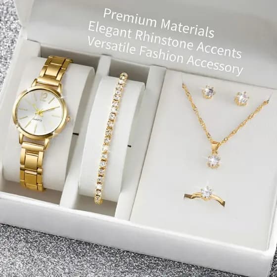 Relógio Feminino Quartzo Rovga com Pulseira em Liga e Strass Conjunto de Joias Elegante