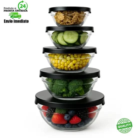 Kit Conjunto De Potes 5 Peças Bowl Vidro Resistente Organizadores De Cozinha Multiuso
