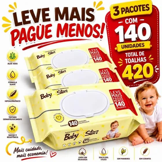Kit 3 Pacotes Toalhas Umedecidas Baby Star 140 Unidades – Total 420 Toalhas