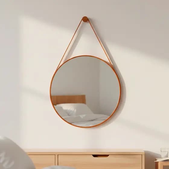 Espelho Adnet Redondo Decorativo Suspenso c/ Alça em couro Ecológico 30cm + Pino Suporte - Casa Domo